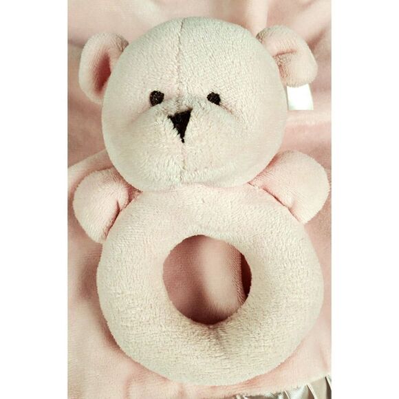 Carters Pink Teddy Bear Rattle Ring Lovey Baby Security Blanket Plush Satin Trim - Picture 3 of 9